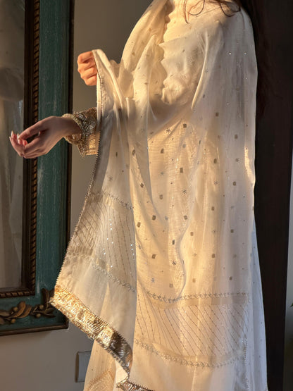 Off White Shade Mulmul Hyderabad Lampi Chikankari Anarkali