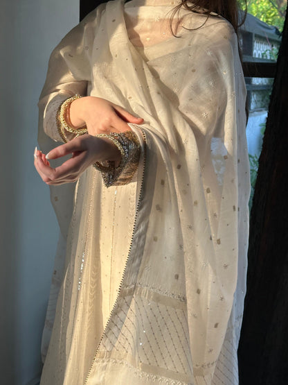 Off White Shade Mulmul Hyderabad Lampi Chikankari Anarkali