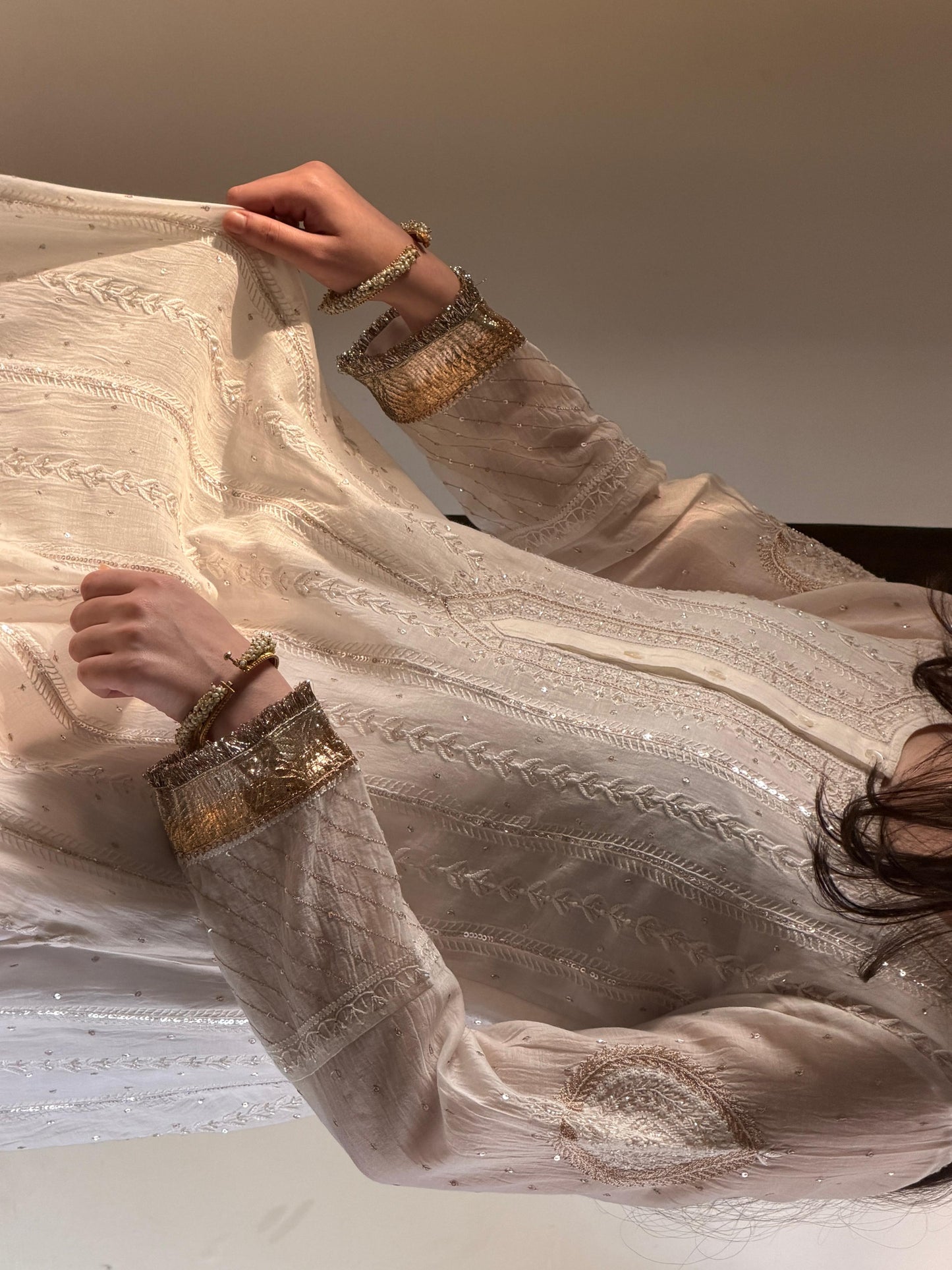 Off White Shade Mulmul Hyderabad Lampi Chikankari Anarkali