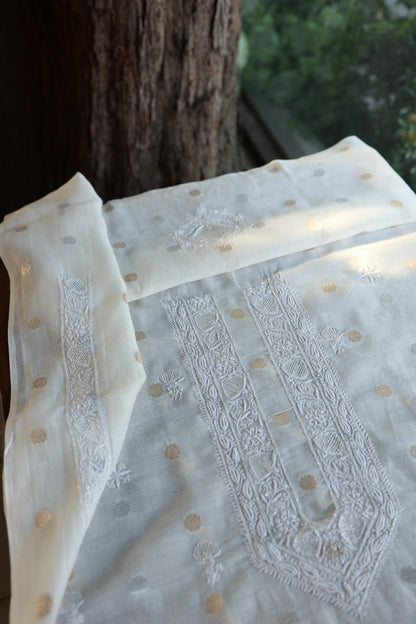 Off White Zari Chanderi Unisex Chikankari Unstitched Men’s Kurta Fabric