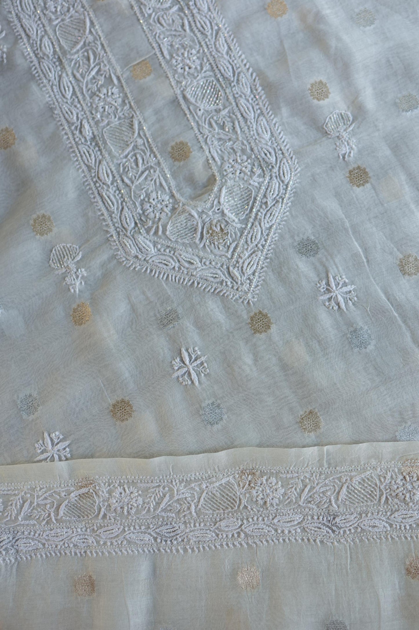 Off White Zari Chanderi Unisex Chikankari Unstitched Men’s Kurta Fabric