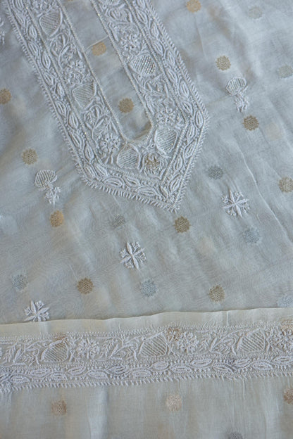 Off White Zari Chanderi Unisex Chikankari Unstitched Men’s Kurta Fabric