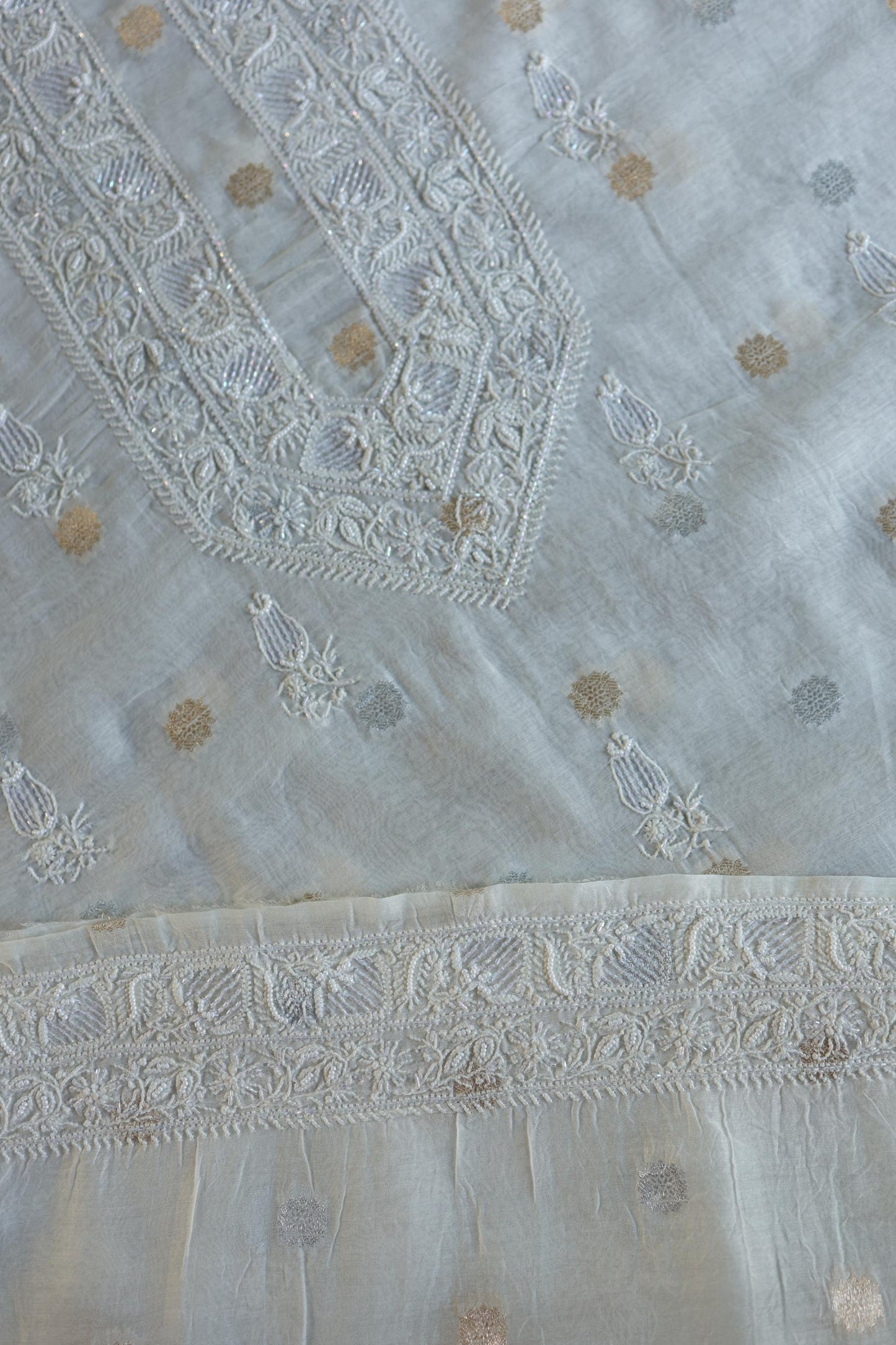 Off White Zari Chanderi Unisex Chikankari Unstitched Men’s Kurta Fabric