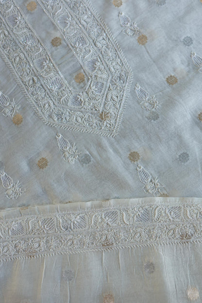 Off White Zari Chanderi Unisex Chikankari Unstitched Men’s Kurta Fabric