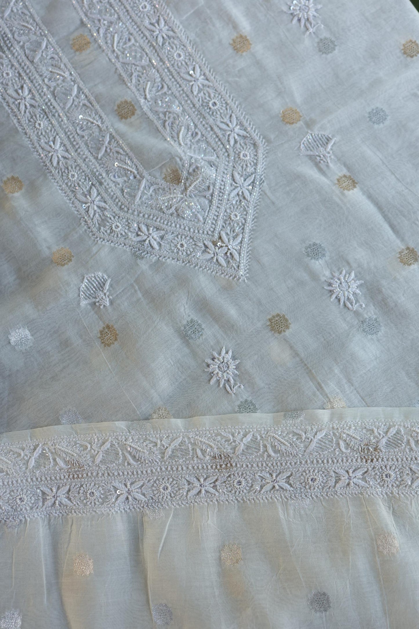 Off White Zari Chanderi Unisex Chikankari Unstitched Men’s Kurta Fabric