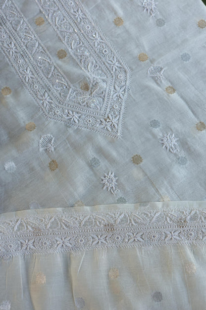 Off White Zari Chanderi Unisex Chikankari Unstitched Men’s Kurta Fabric
