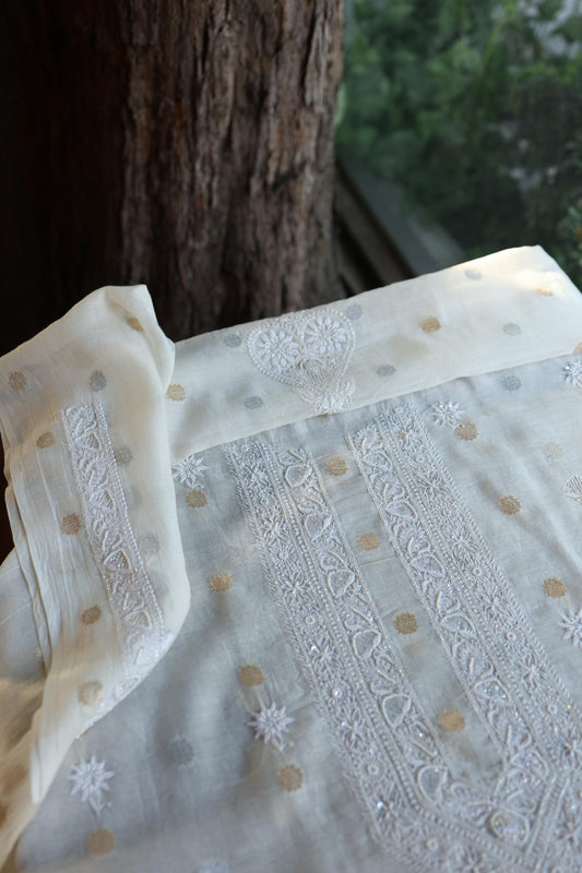 Off White Zari Chanderi Unisex Chikankari Unstitched Men’s Kurta Fabric