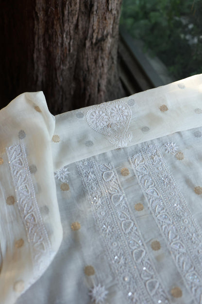 Off White Zari Chanderi Unisex Chikankari Unstitched Men’s Kurta Fabric