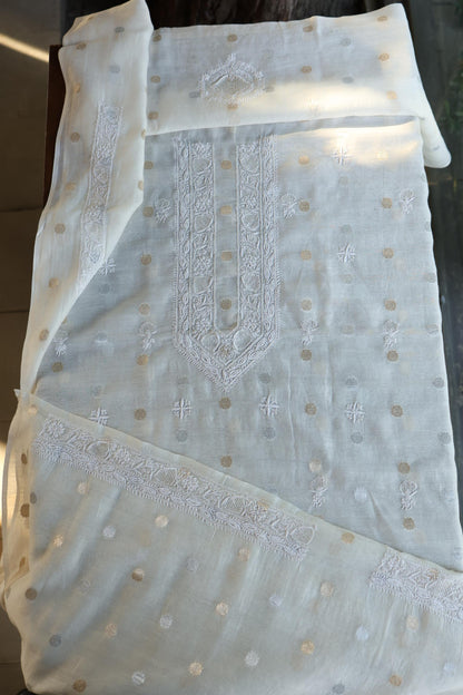 Off White Zari Chanderi Unisex Chikankari Unstitched Men’s Kurta Fabric