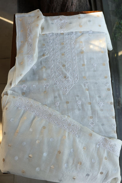 Off White Zari Chanderi Unisex Chikankari Unstitched Men’s Kurta Fabric
