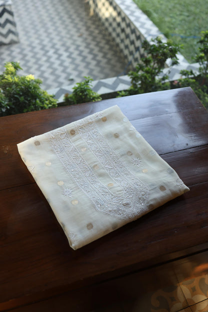 Off White Zari Chanderi Unisex Chikankari Unstitched Men’s Kurta Fabric