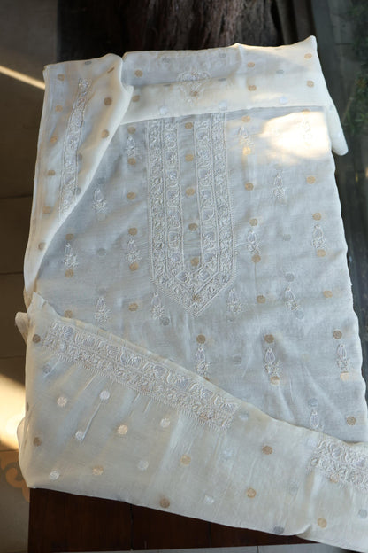 Off White Zari Chanderi Unisex Chikankari Unstitched Men’s Kurta Fabric