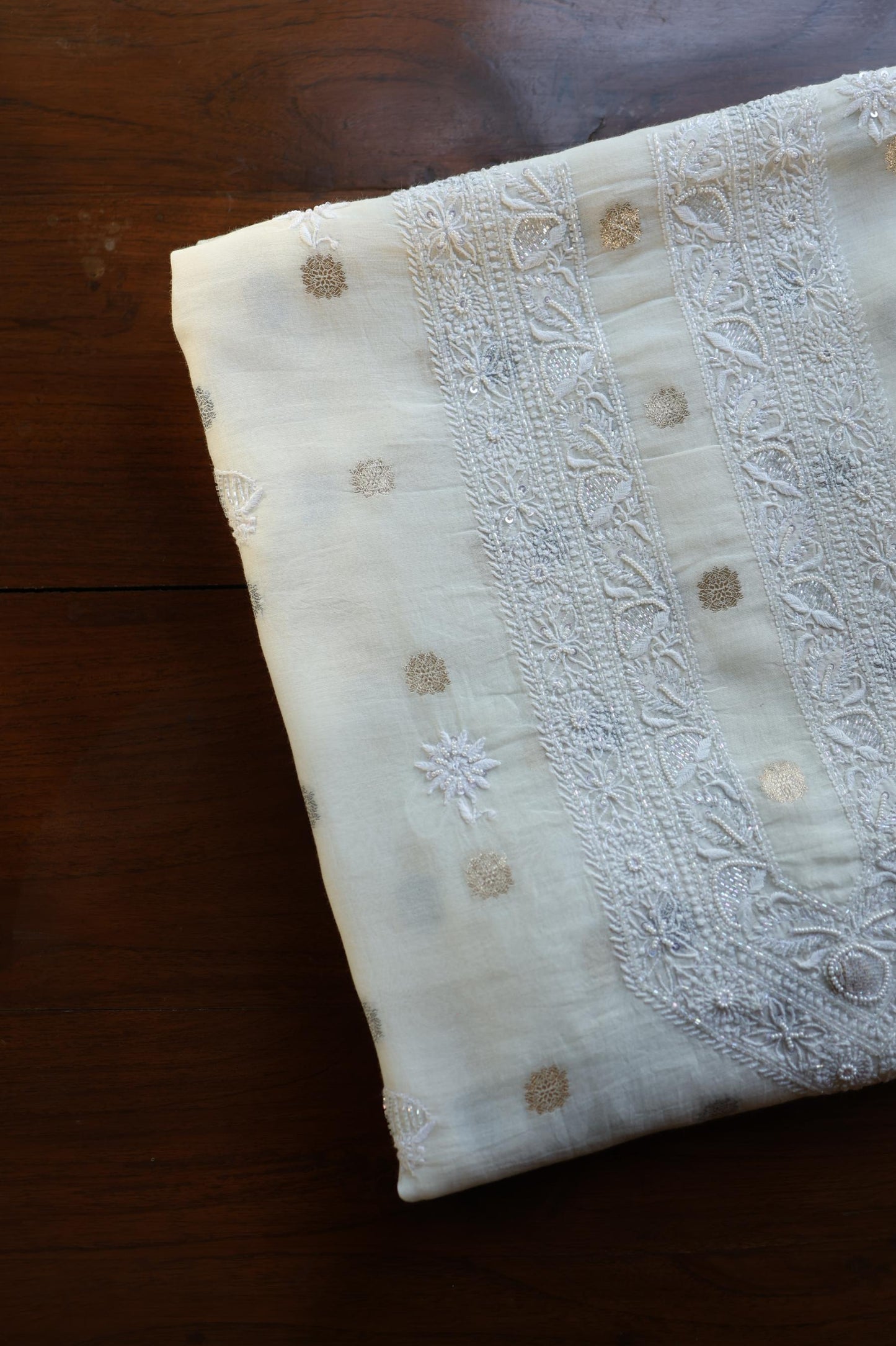 Off White Zari Chanderi Unisex Chikankari Unstitched Men’s Kurta Fabric