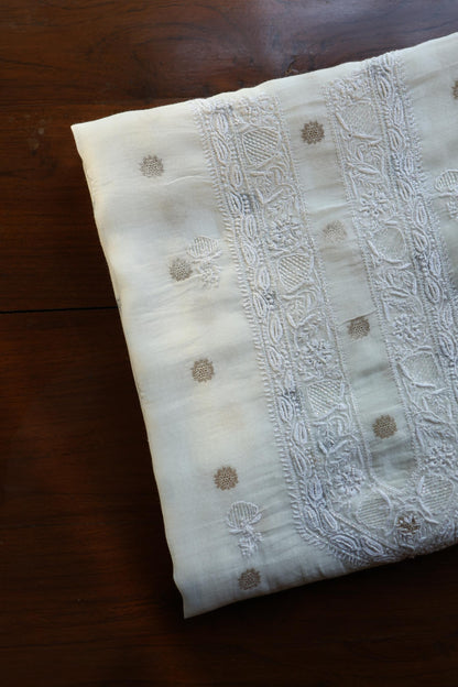 Off White Zari Chanderi Unisex Chikankari Unstitched Men’s Kurta Fabric
