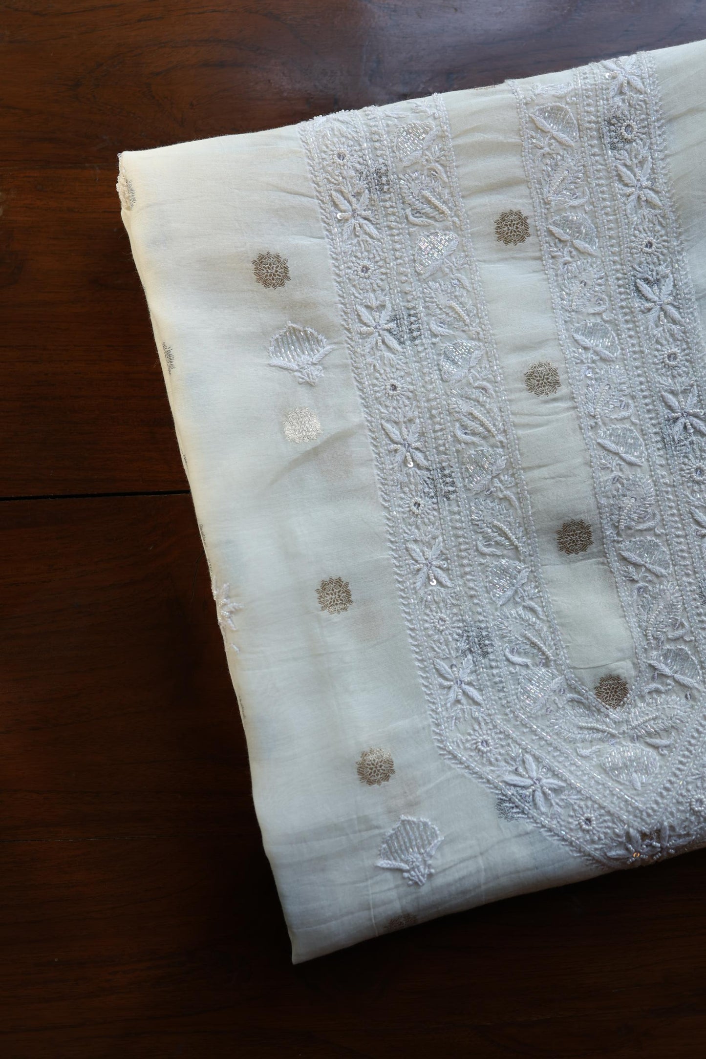 Off White Zari Chanderi Unisex Chikankari Unstitched Men’s Kurta Fabric