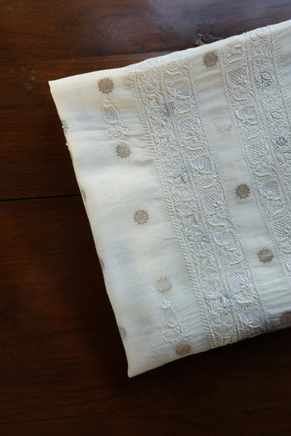Off White Zari Chanderi Unisex Chikankari Unstitched Men’s Kurta Fabric