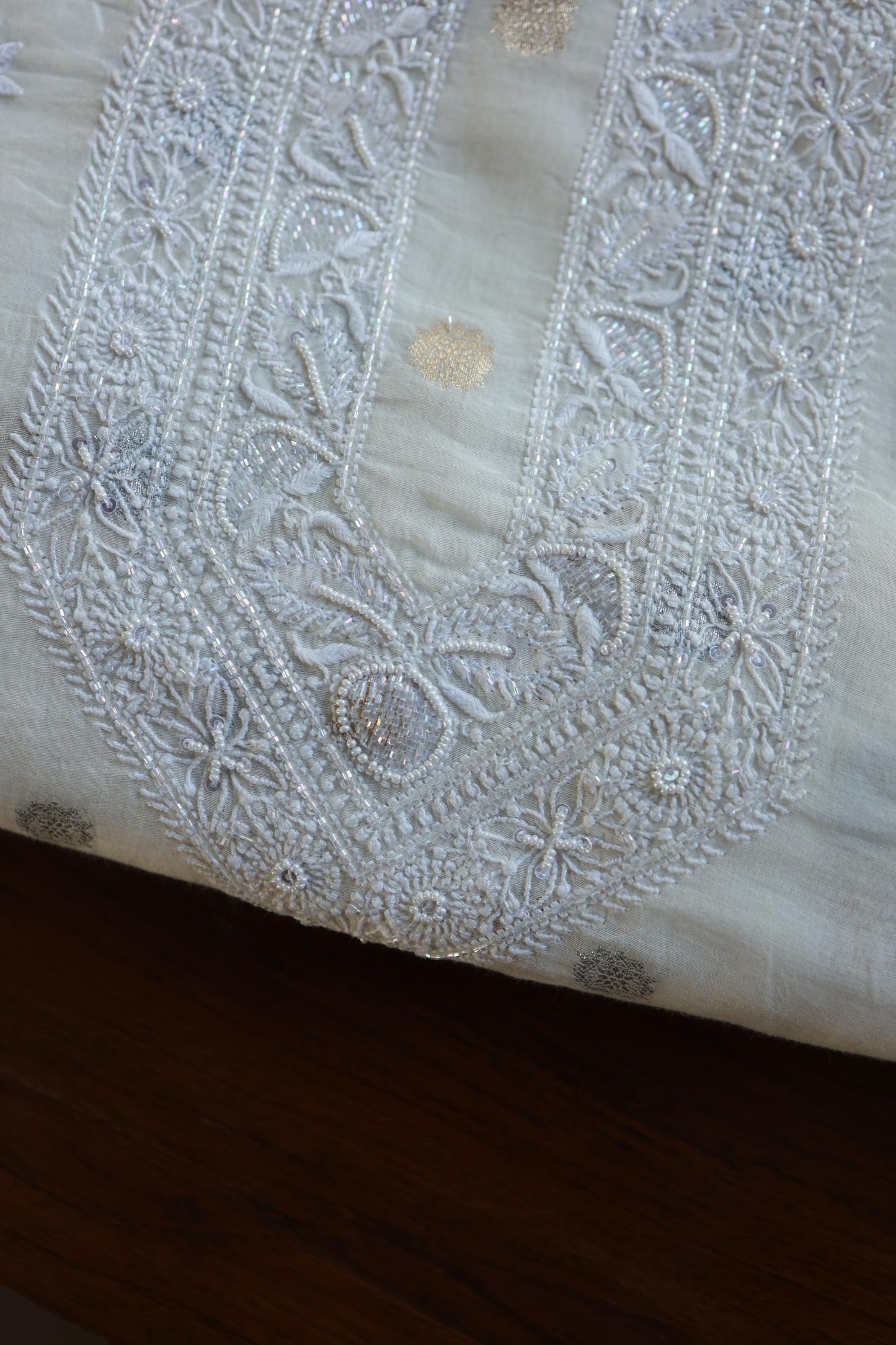 Off White Zari Chanderi Unisex Chikankari Unstitched Men’s Kurta Fabric