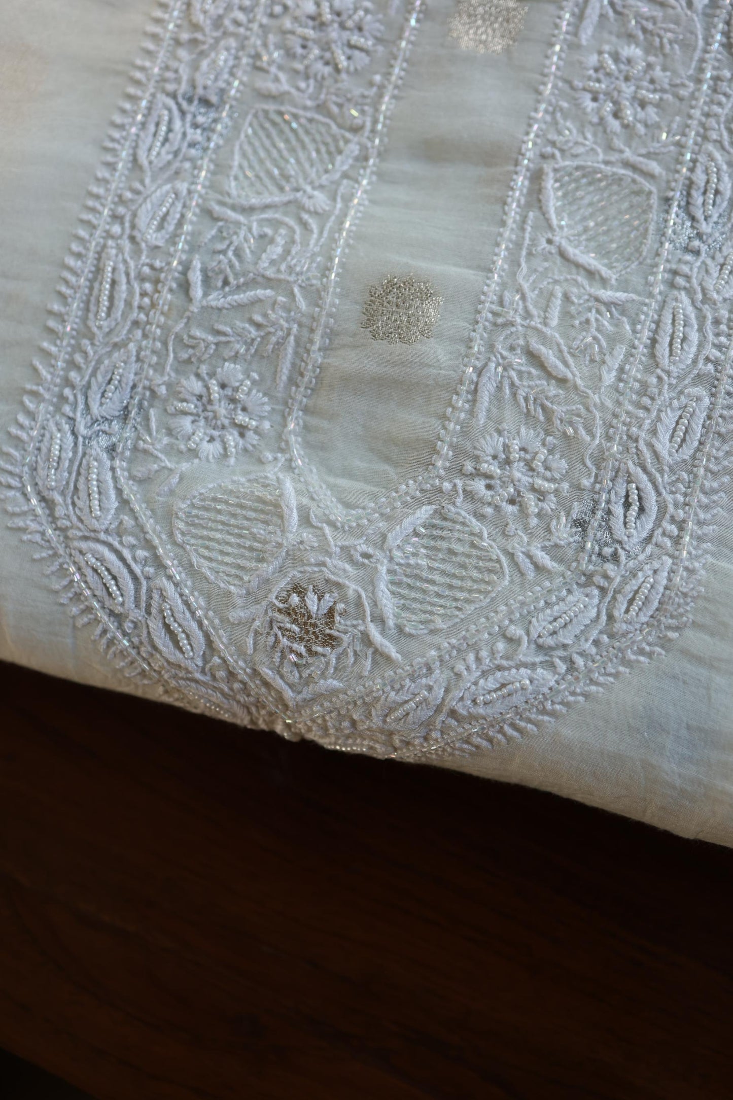 Off White Zari Chanderi Unisex Chikankari Unstitched Men’s Kurta Fabric