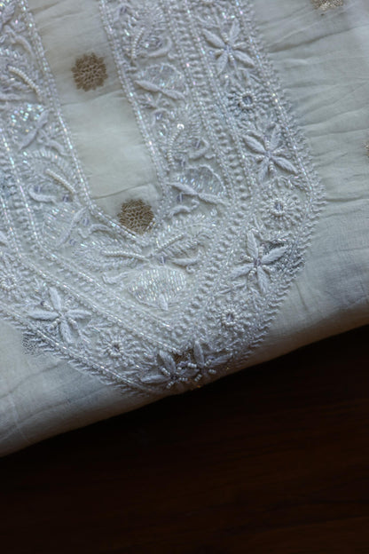 Off White Zari Chanderi Unisex Chikankari Unstitched Men’s Kurta Fabric