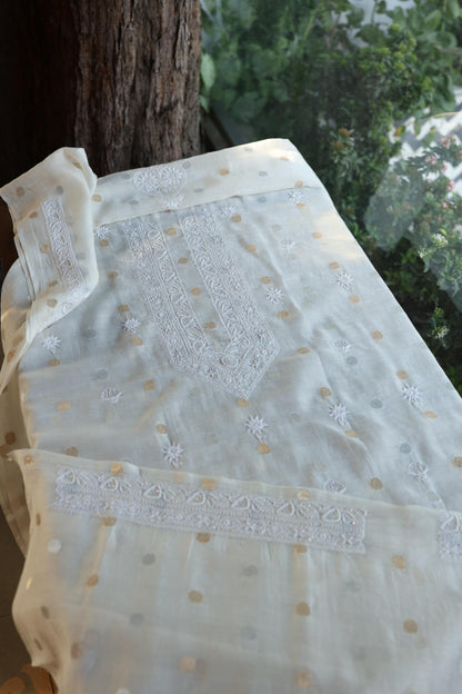 Off White Zari Chanderi Unisex Chikankari Unstitched Men’s Kurta Fabric