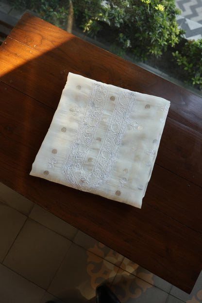 Off White Zari Chanderi Unisex Chikankari Unstitched Men’s Kurta Fabric