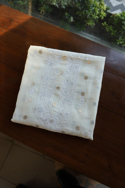 Off White Zari Chanderi Unisex Chikankari Unstitched Men’s Kurta Fabric