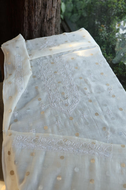 Off White Zari Chanderi Unisex Chikankari Unstitched Men’s Kurta Fabric