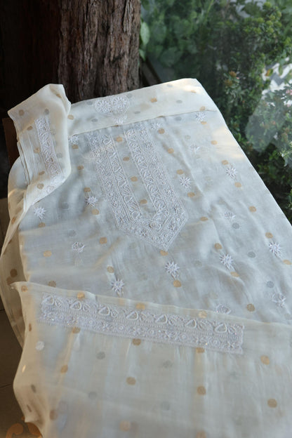 Off White Zari Chanderi Unisex Chikankari Unstitched Men’s Kurta Fabric