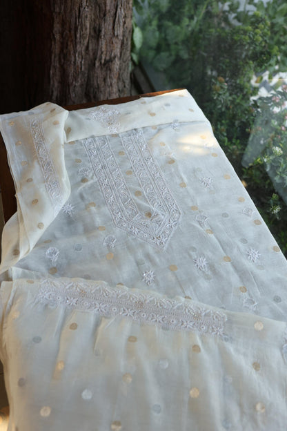 Off White Zari Chanderi Unisex Chikankari Unstitched Men’s Kurta Fabric