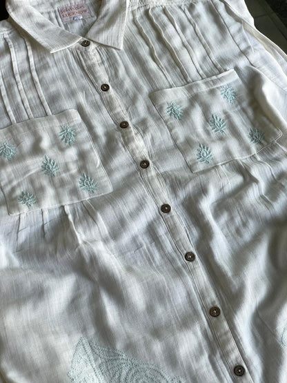 Off White & Blue Embroidered Malmal Shirt