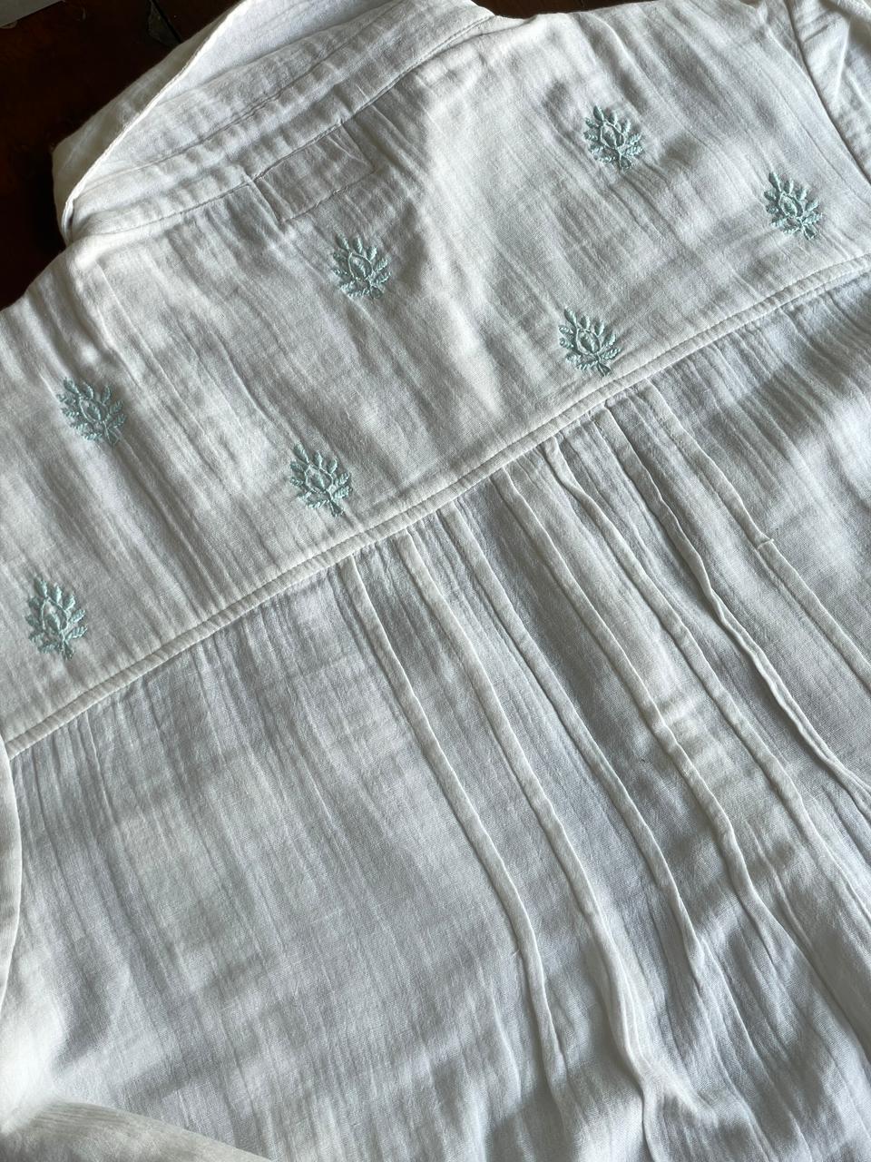 Off White & Blue Embroidered Malmal Shirt