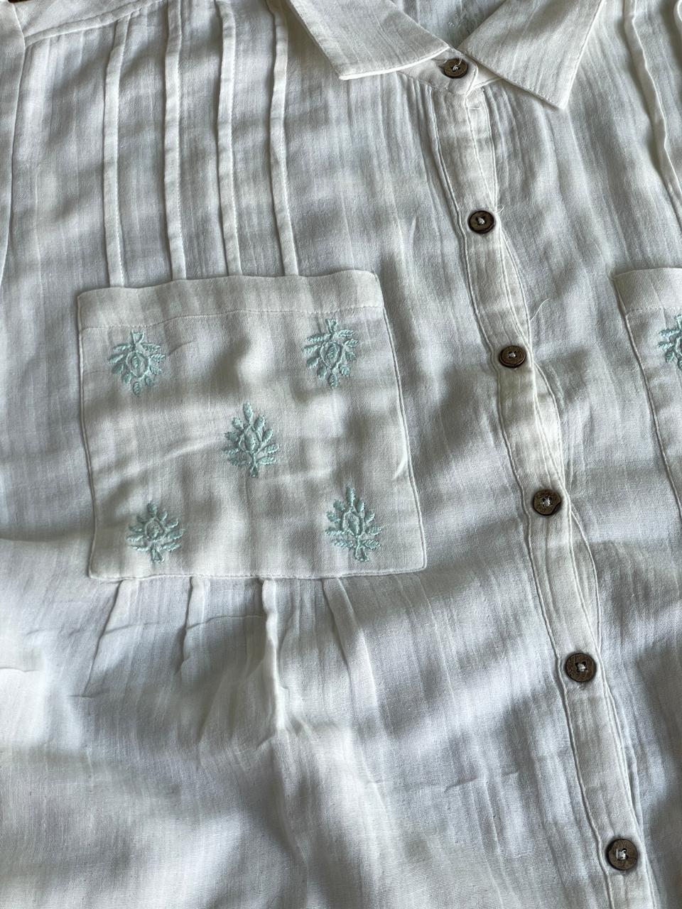 Off White & Blue Embroidered Malmal Shirt