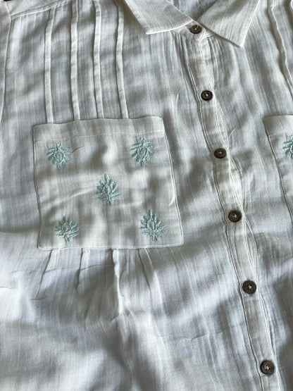 Off White & Blue Embroidered Malmal Shirt