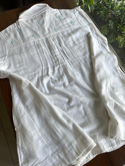 Off White & Blue Embroidered Malmal Shirt