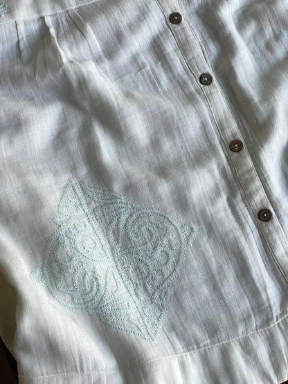 Off White & Blue Embroidered Malmal Shirt