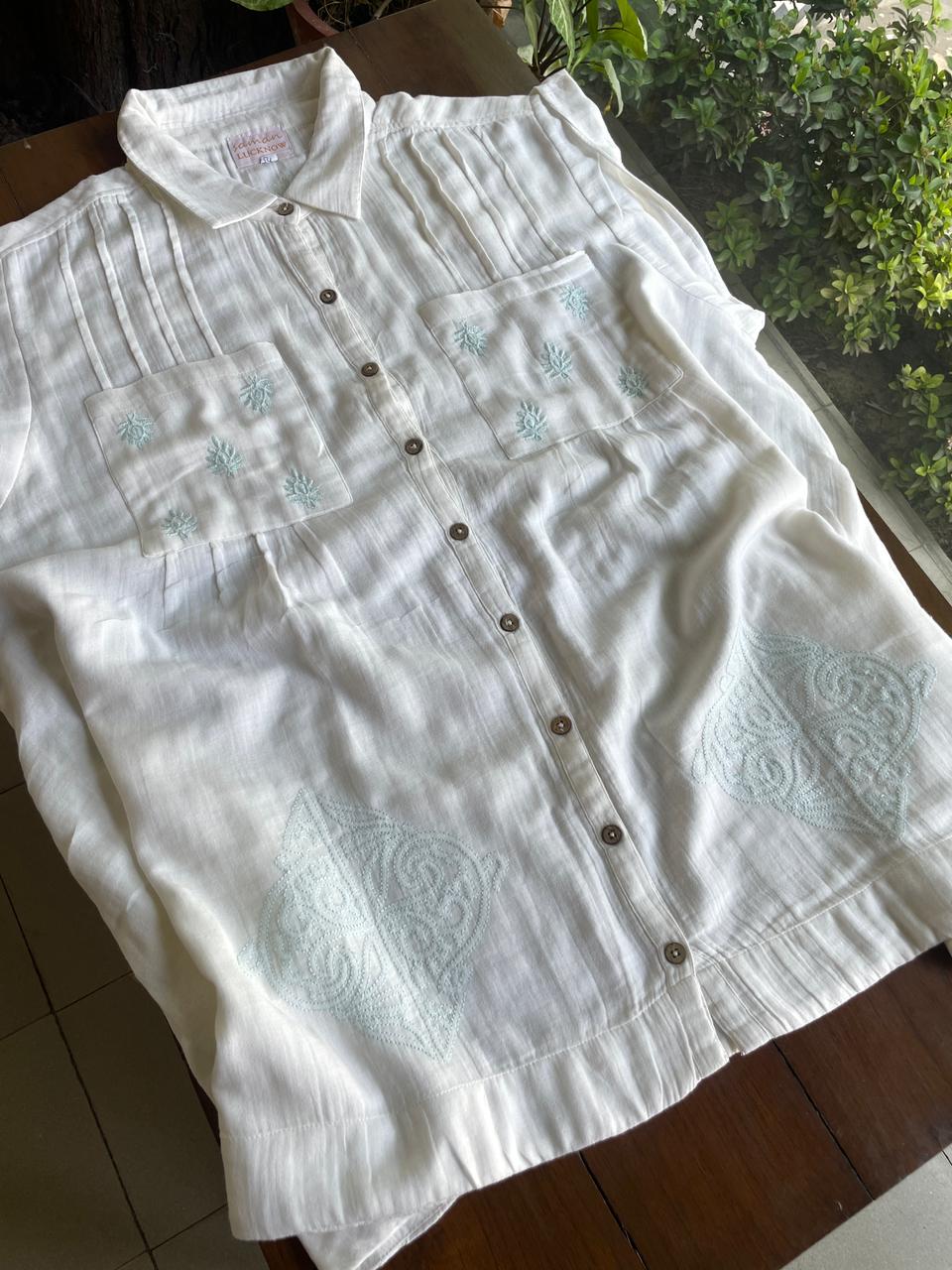 Off White & Blue Embroidered Malmal Shirt