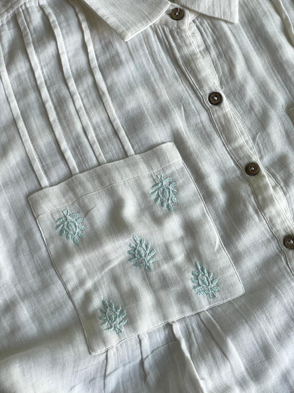 Off White & Blue Embroidered Malmal Shirt