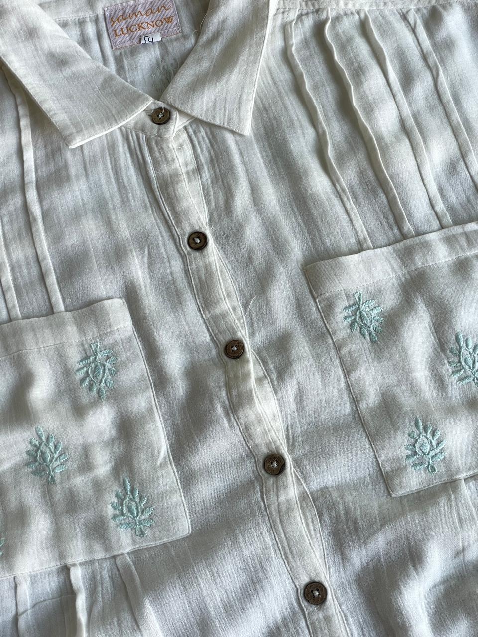 Off White & Blue Embroidered Malmal Shirt