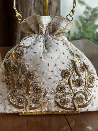 Off White & Gold Raw Silk Zardosi Polti Bags