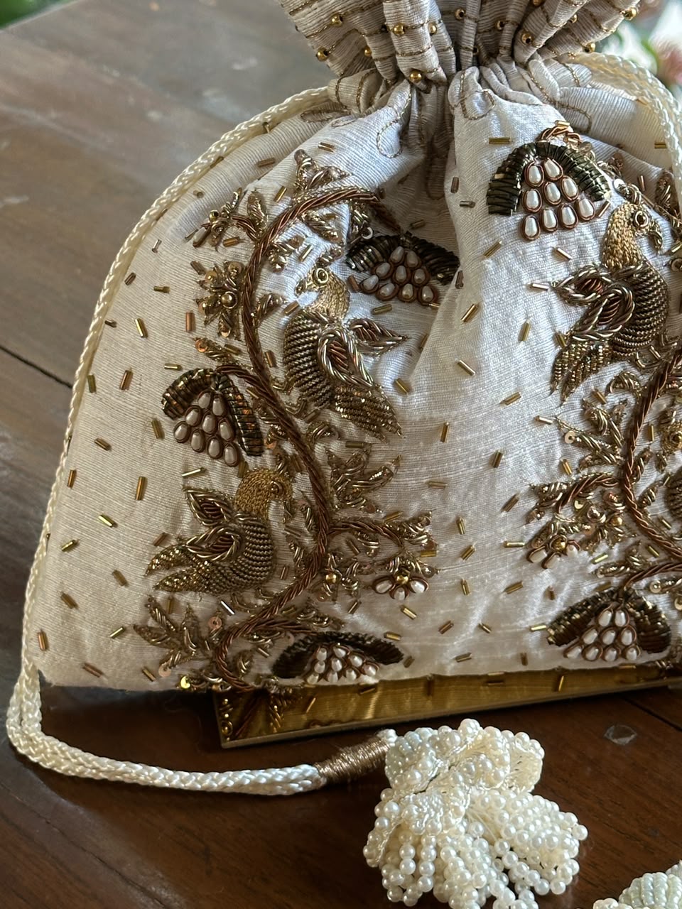 Off White & Gold Raw Silk Zardosi Polti Bags