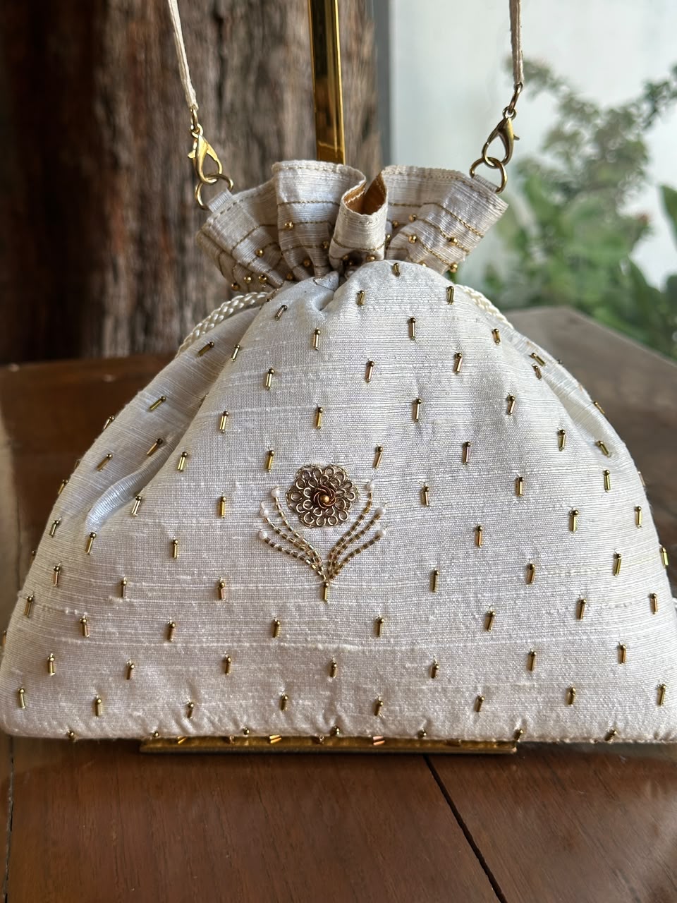 Off White & Gold Raw Silk Zardosi Polti Bags