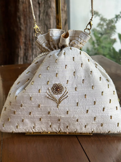 Off White & Gold Raw Silk Zardosi Polti Bags