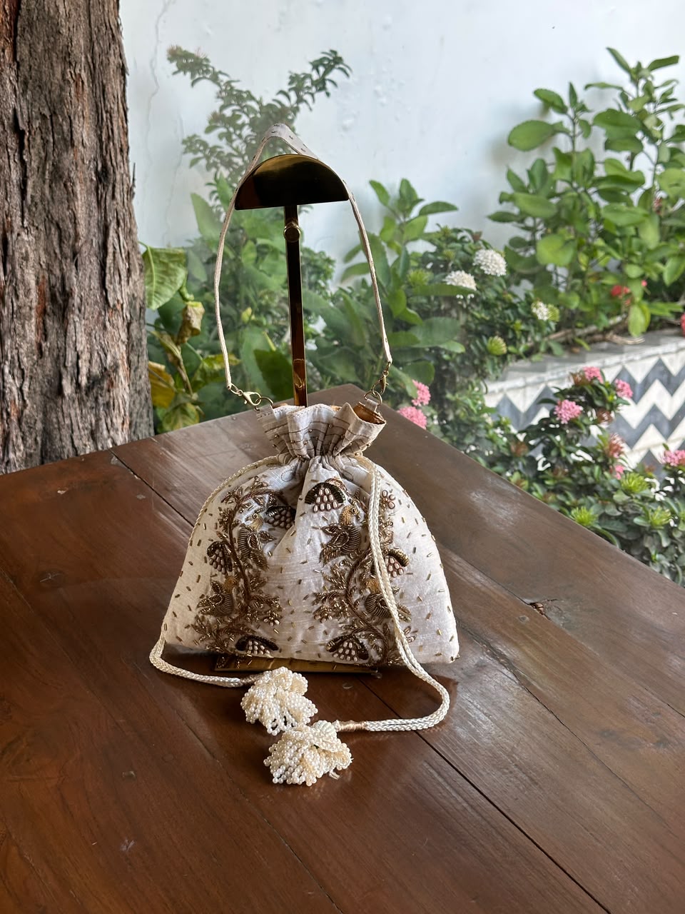 Off White & Gold Raw Silk Zardosi Polti Bags