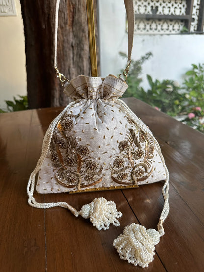 Off White & Gold Raw Silk Zardosi Polti Bags