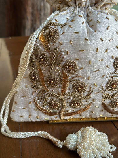 Off White & Gold Raw Silk Zardosi Polti Bags