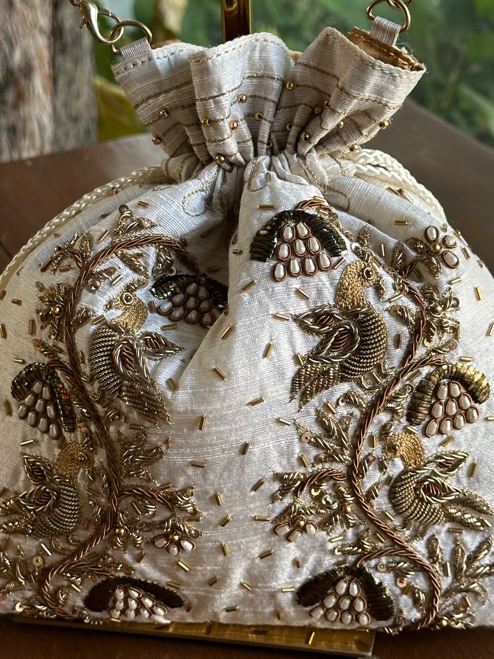 Off White & Gold Raw Silk Zardosi Polti Bags