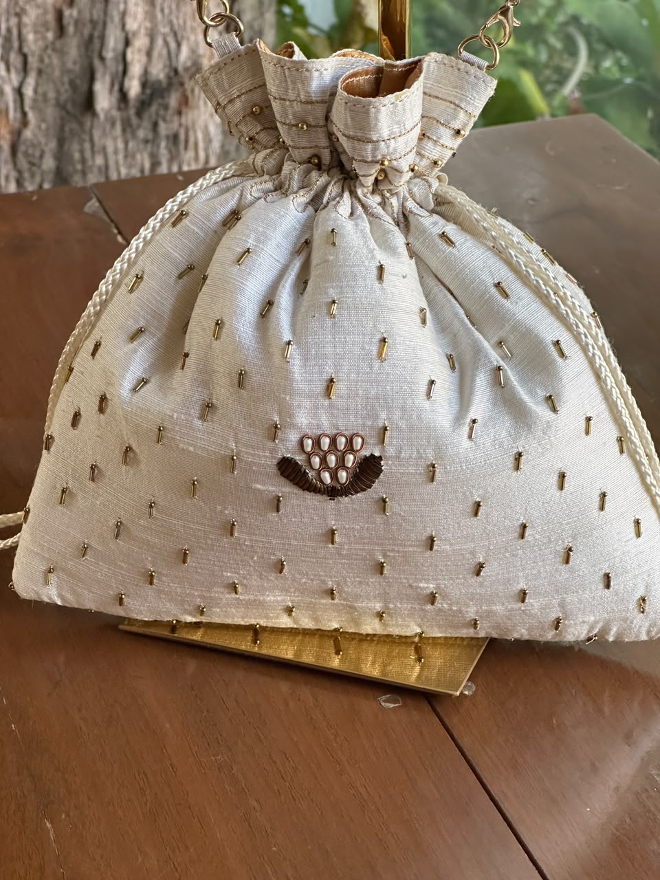 Off White & Gold Raw Silk Zardosi Polti Bags