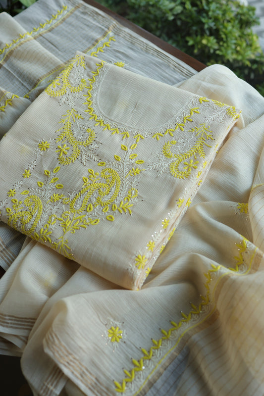 Off White & Yellow Mal Cotton Fine Chikankari Unstitched Fabric