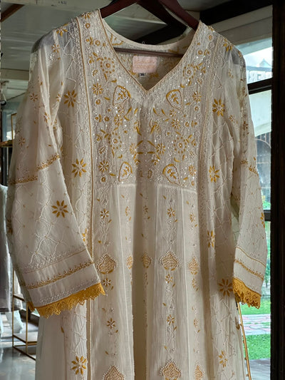 Off White & Yellow Shade Malmal Pearl Work Chikankari Kalidar Kurta Set