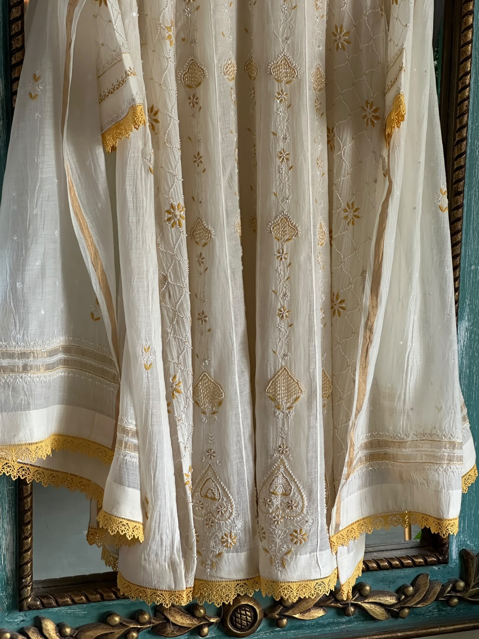 Off White & Yellow Shade Malmal Pearl Work Chikankari Kalidar Kurta Set